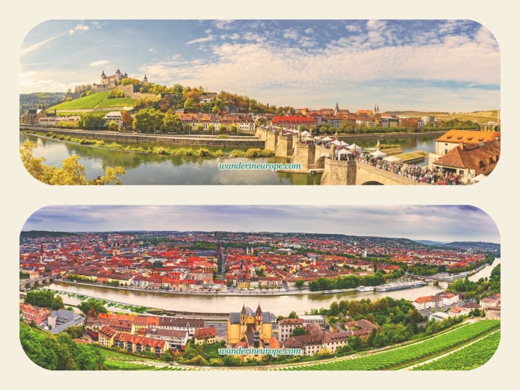 Panorama of Marienberg Fortress from the city and from Prince's Garden, Wurzburg, Germany