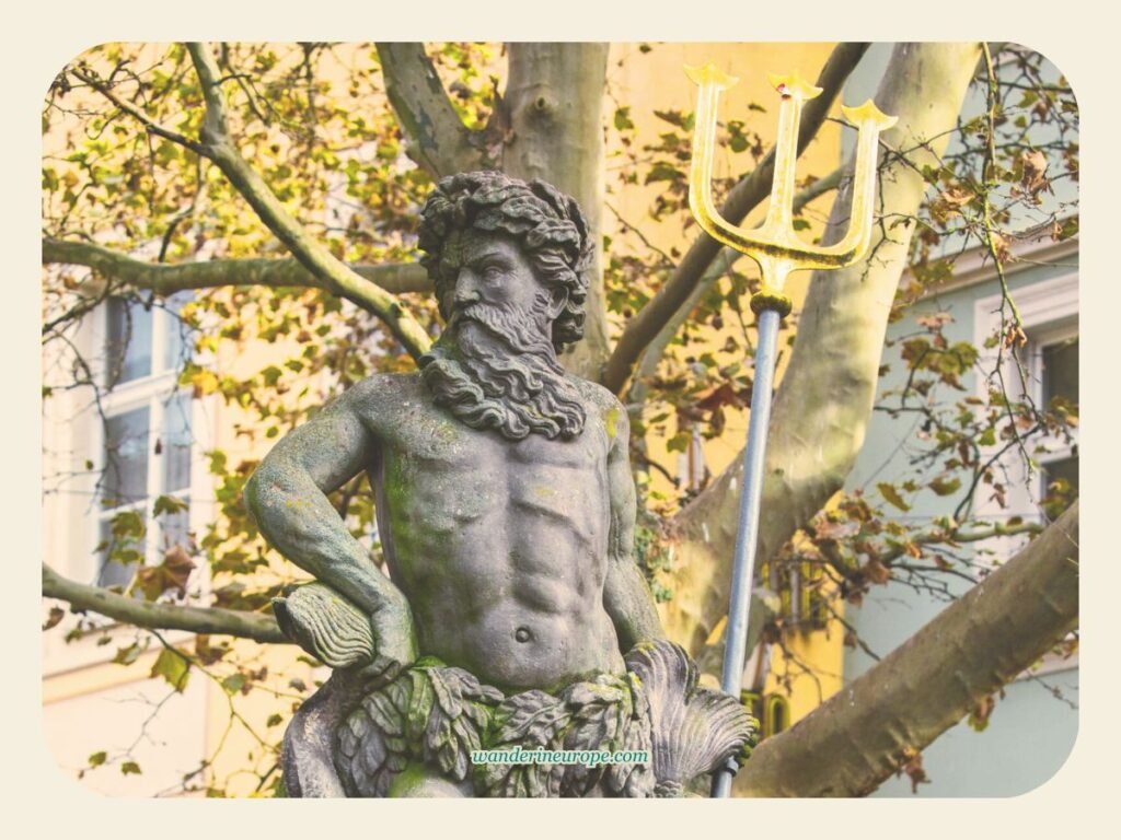 Close-up view of the fountain of Neptune near Bamberg's Grunermarkt (Green Market), Bamberg, Germany