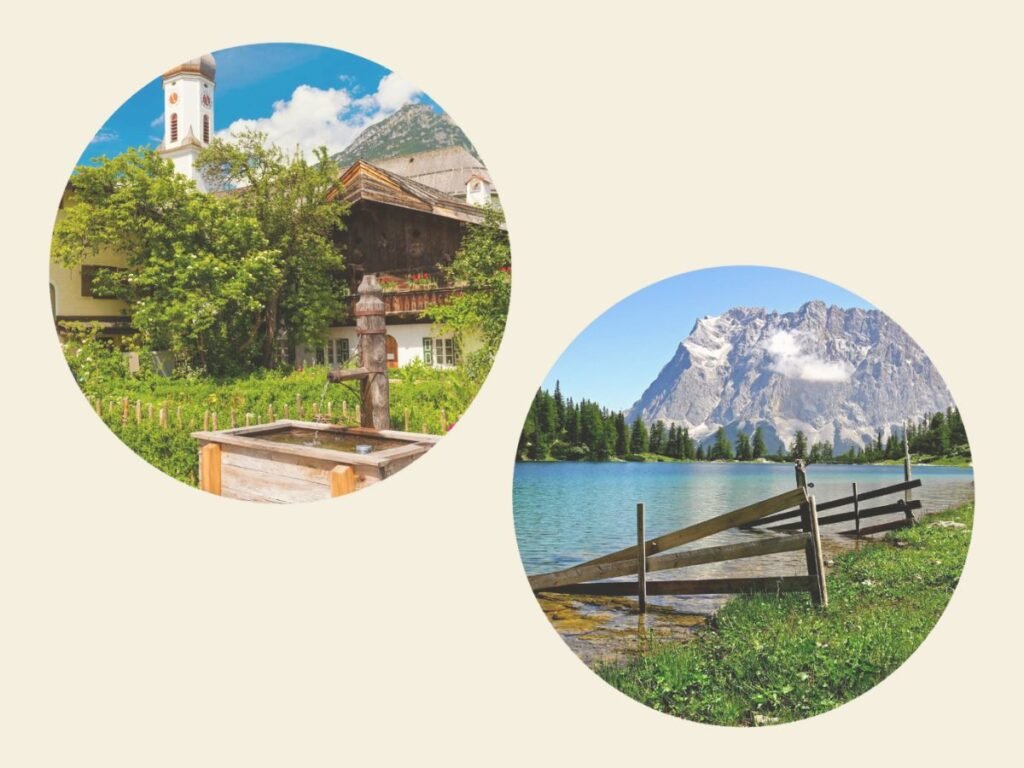 Discovery Guide to Garmisch-Partenkirchen in Bavaria 3 Cute fountains, houses, and a dock with a view of the Bavarian Alps — a photo inspiration for Garmisch-Partenkirchen, Germany
