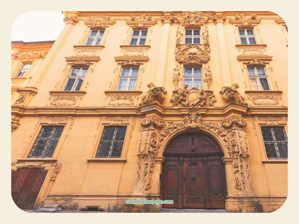 Facade and the beautiful door of Bottinger House, Bamberg, Germany