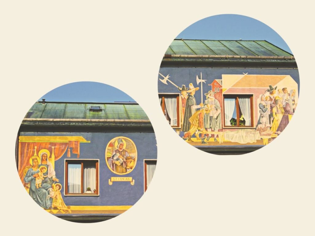 Lüftlmalerei in Oberammergau: The Fusion of Art and Culture 4 Lüftlmalerei depicting the Holy Family, Saint Luke, and the people of Bavaria centuries ago in Oberammergau, Germany