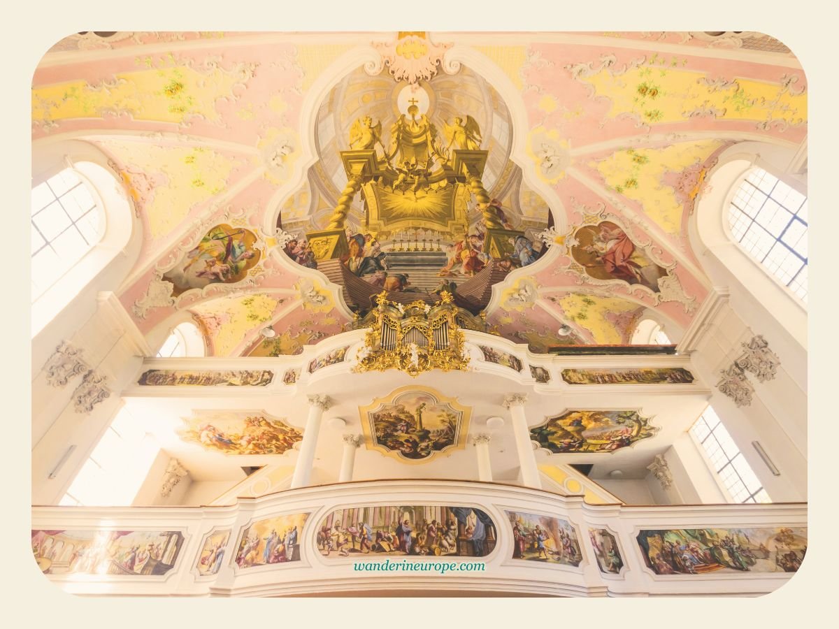 Upper Bavaria 48 The spectacular gallery and the organ fresco of the Church of Saint Peter and Paul in Oberammergau, Germany