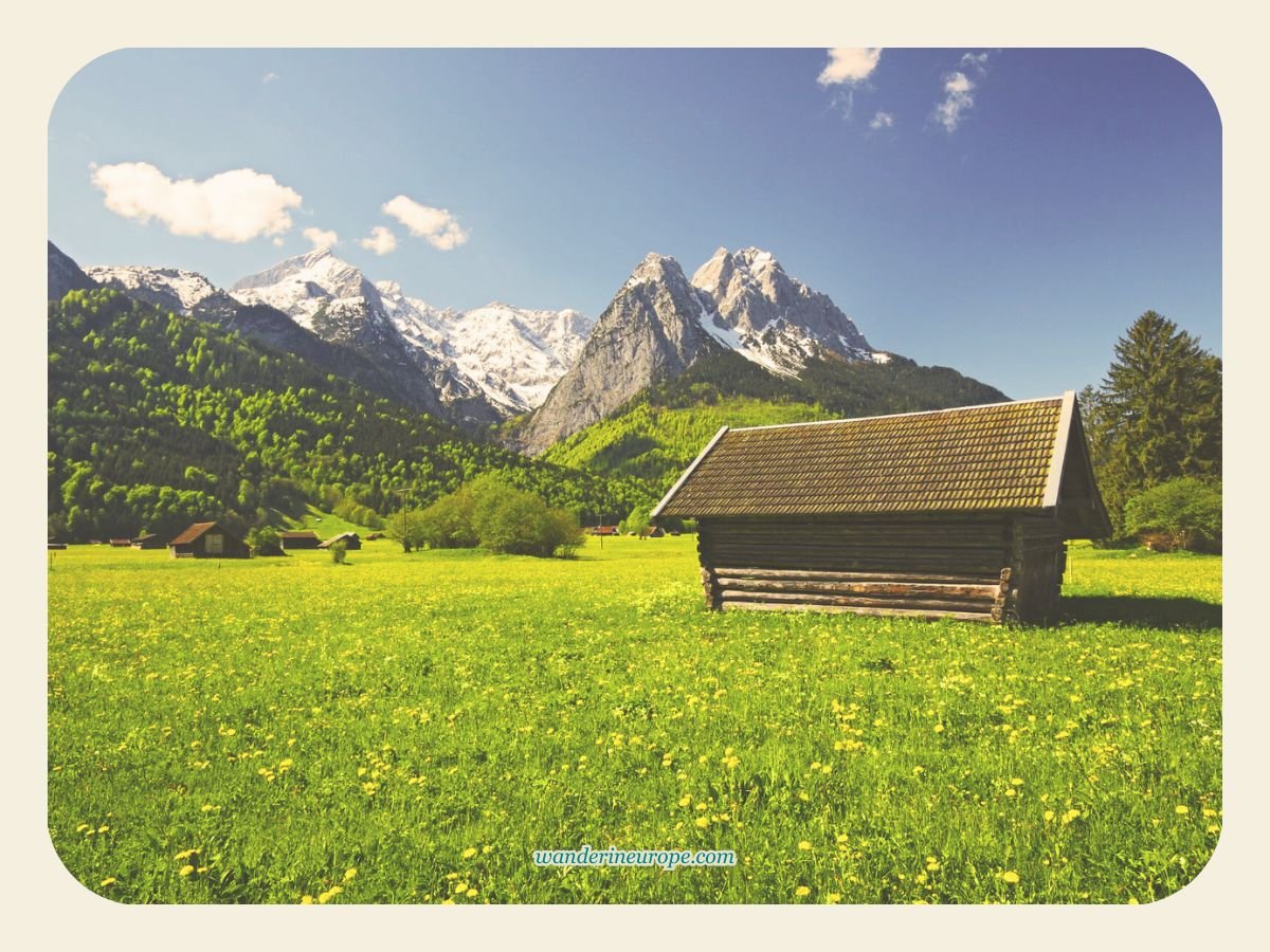 Upper Bavaria 49 The view of the Bavarian mountains from the idyllic meadows of Garmisch-Partenkirchen, Germany