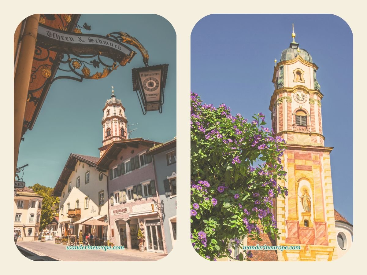 Your Guide to 10 Things to Do in Mittenwald, Bavarian Alps 2 The work of art spire of the church in Mittenwald, a beautiful day trip from Garmisch-Partenkirchen, Germany