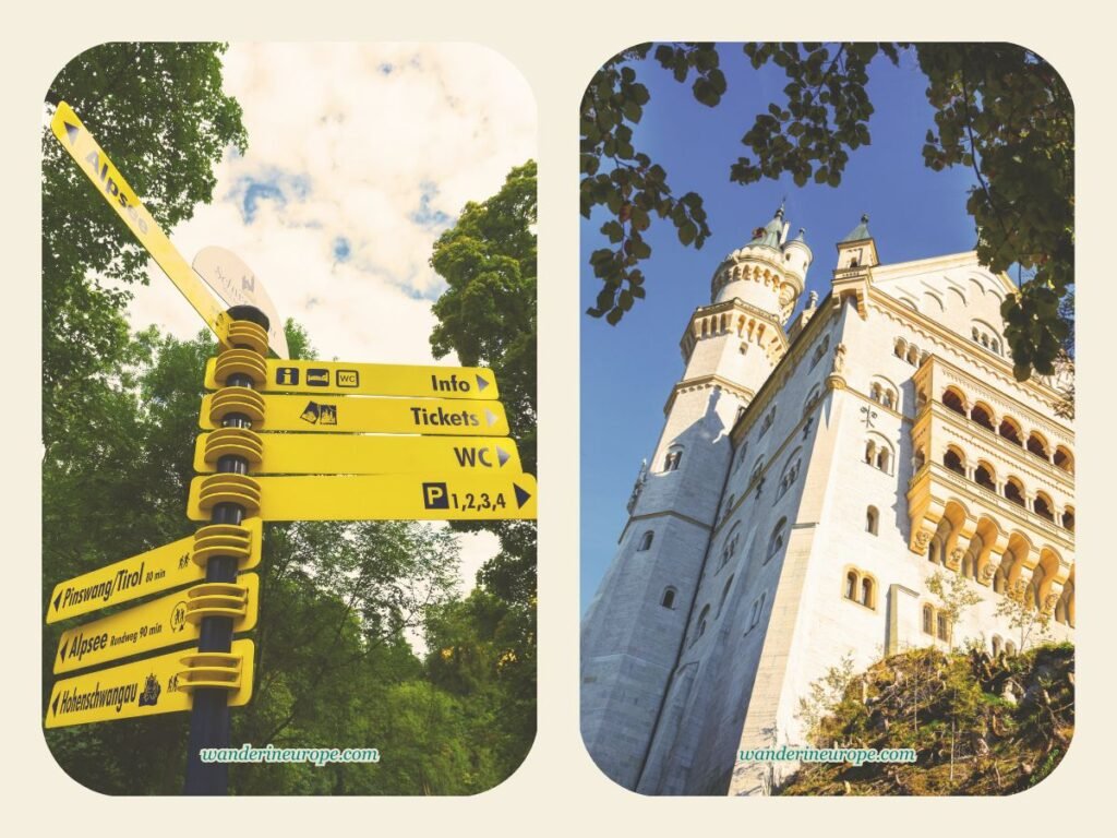 Neuschwanstein Castle Tickets: What You Need to Know 3 Trail signs and the view of Neuschwanstein Castle from the trail, Schwangau, Germany
