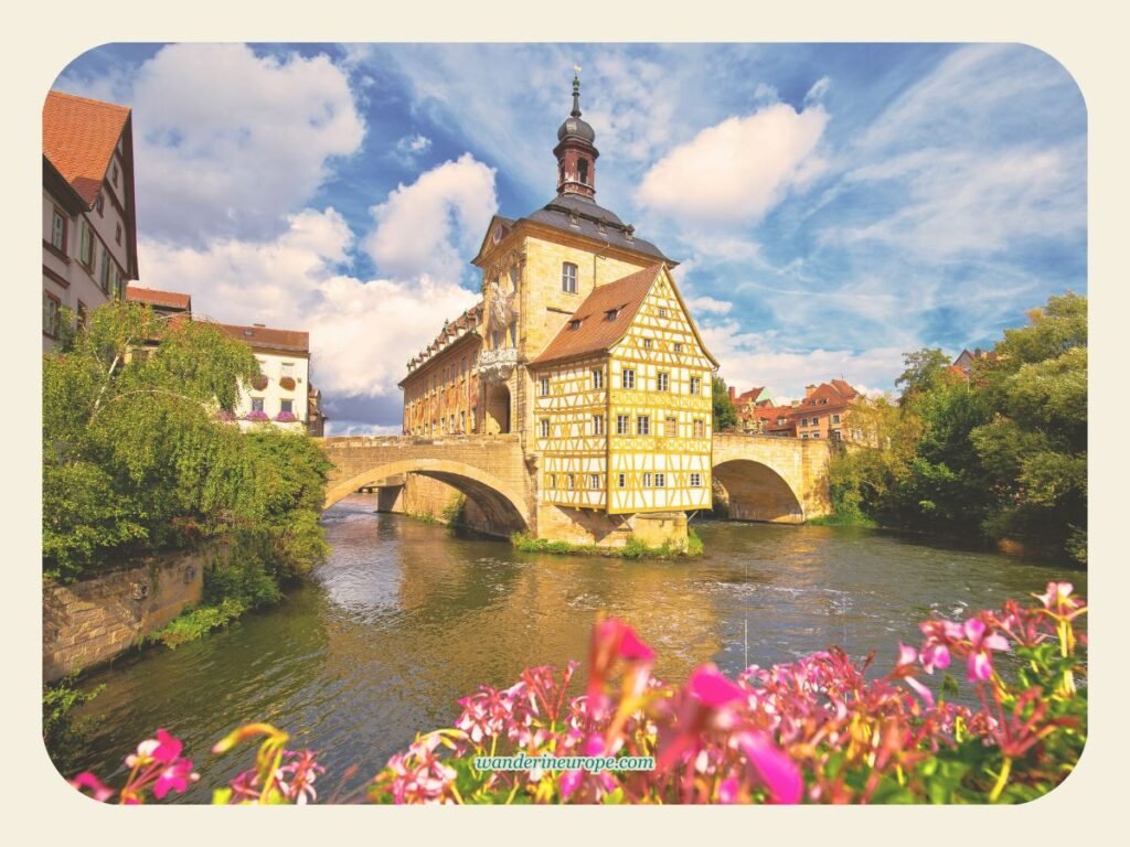 Discover Bamberg's unique Old Town Hall (Altes Rathaus) 2 View of Altes Rathaus from Geyeswörthsteg in Bamberg, Germany