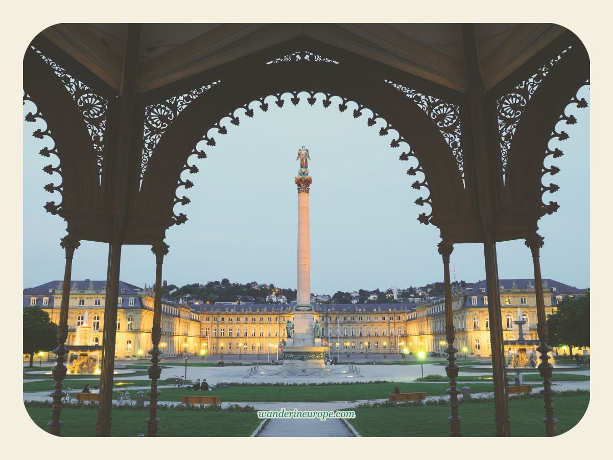 Baden-Württemberg 38 View of the Jubilee Column from the pavillion of Schlossplatz, Stuttgart, Germany