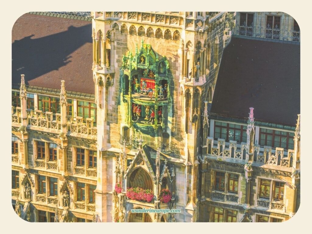 10 Beautiful Places in Munich for First-Timers and Explorers 25 Zoomed in shot of Glockenspiel from above, facade of Neues Rathaus, Marienplatz, Munich, Germany
