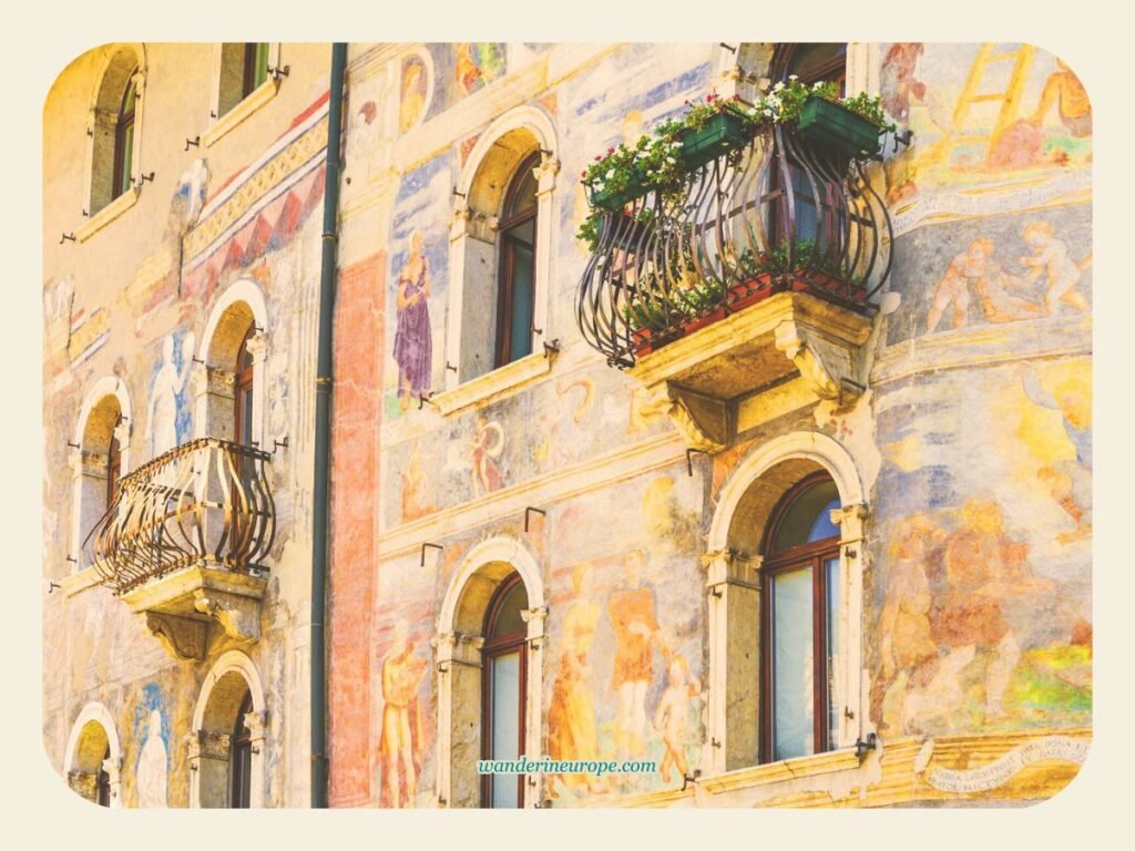 Close up view of the facade of Casa Cazuffi and Casa Rella, Trento, Italy