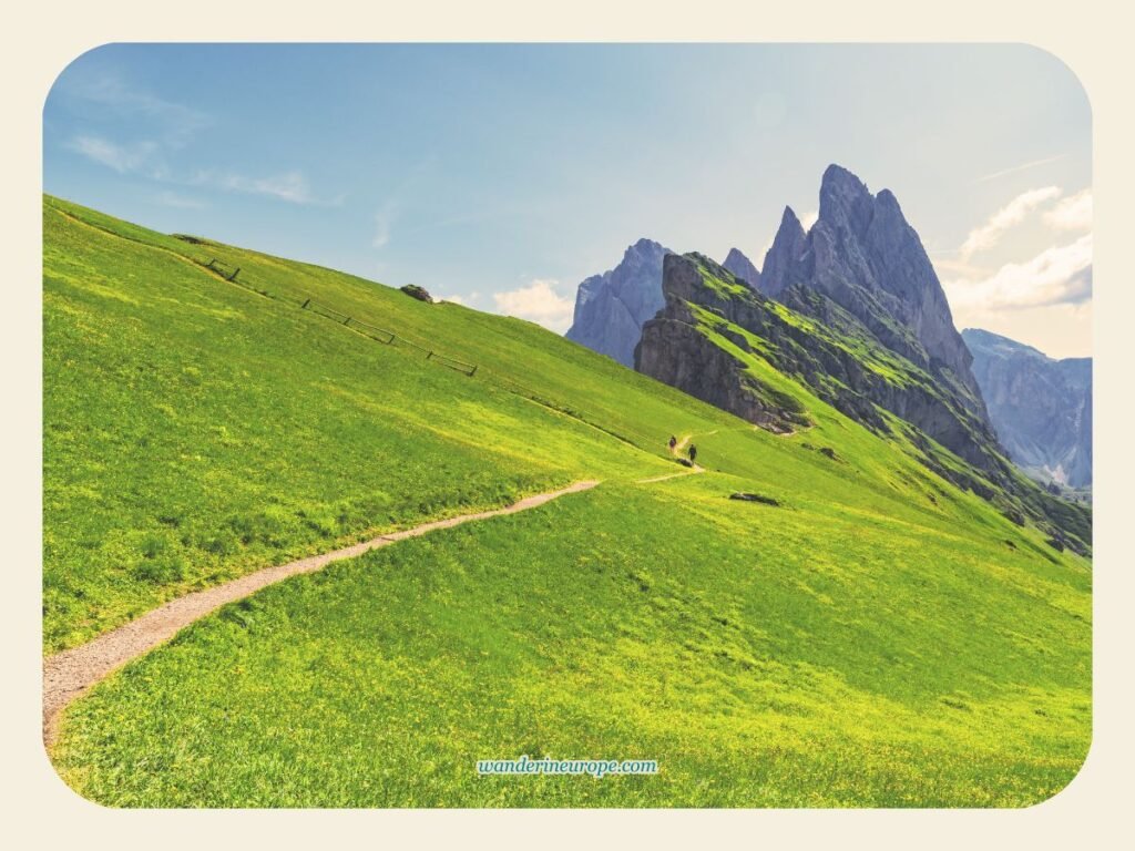 Hiking in Seceda, Dolomites near Bolzano, Italy