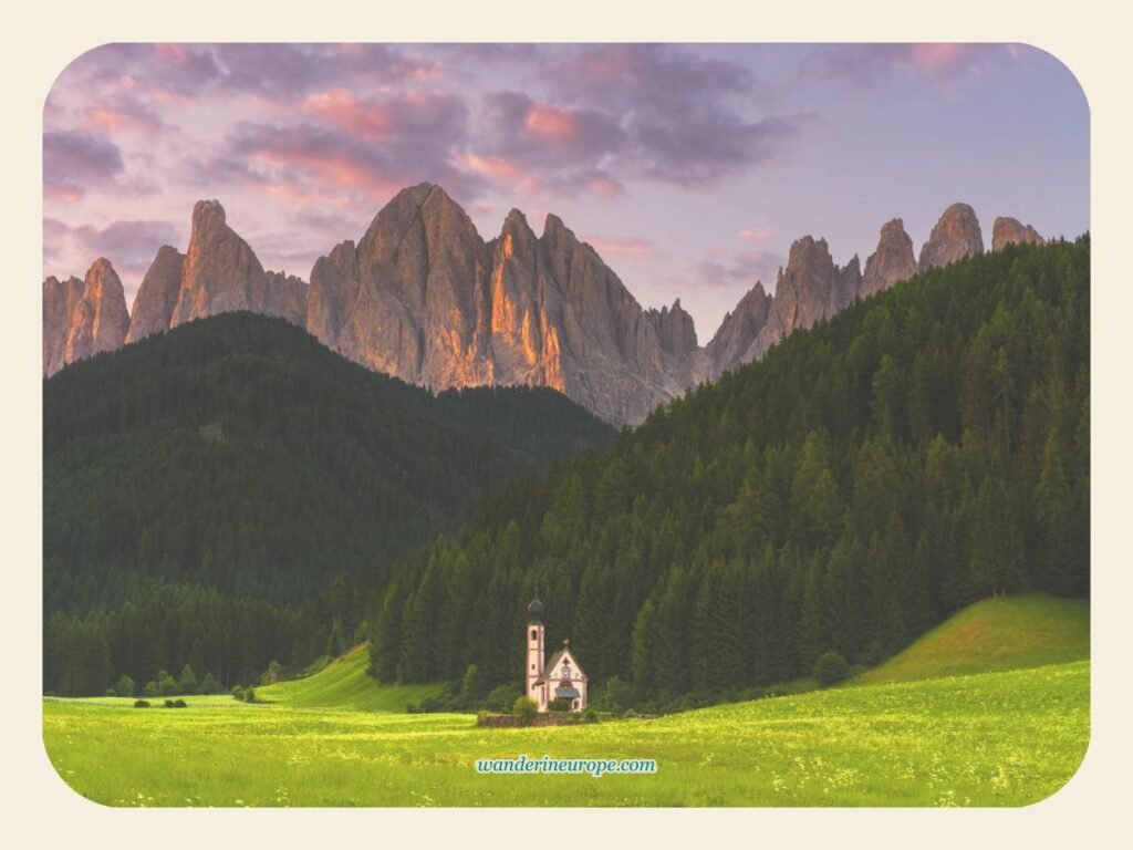 Iconic shot of Santa Maddalena, Dolomites, near Bolzano, Italy