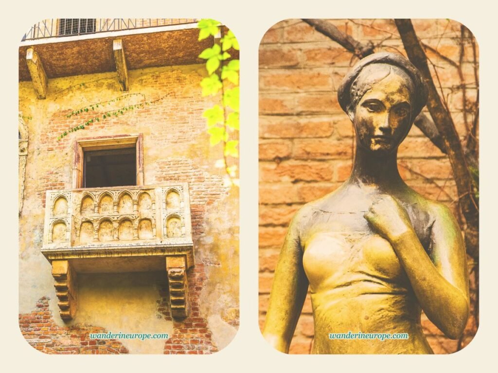 Juliet's Balcony and the statue of Juliet, Verona, Italy