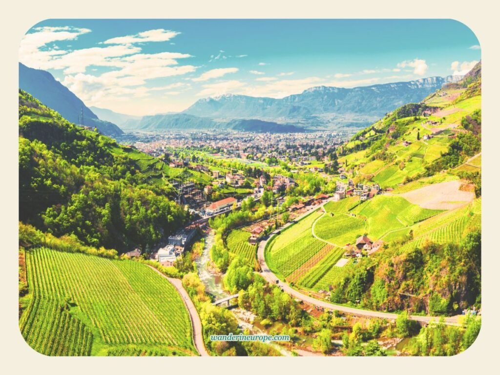 Location of Bolzano nestled in a valley within the Italian Alps, Italy