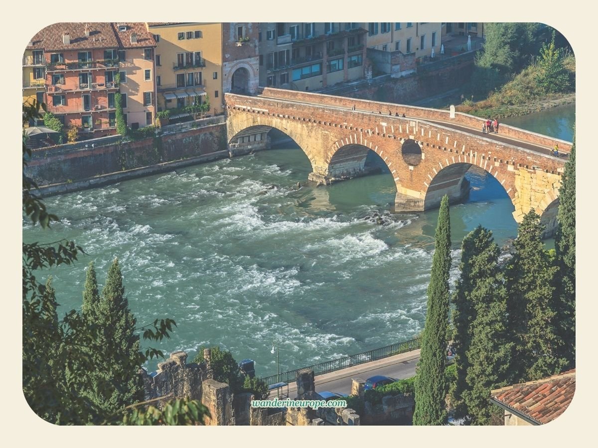 A Guide to Discovering Verona: Its Beauty, History & Romance 36 Ponte Pietra seen from the viewdeck of Castel San Pietro, one of the must-see architectural attractions in Verona, Italy