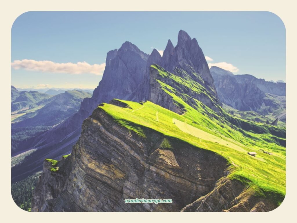 Zoomed in shot of Seceda's stunning views, Dolomites near Bolzano, Italy
