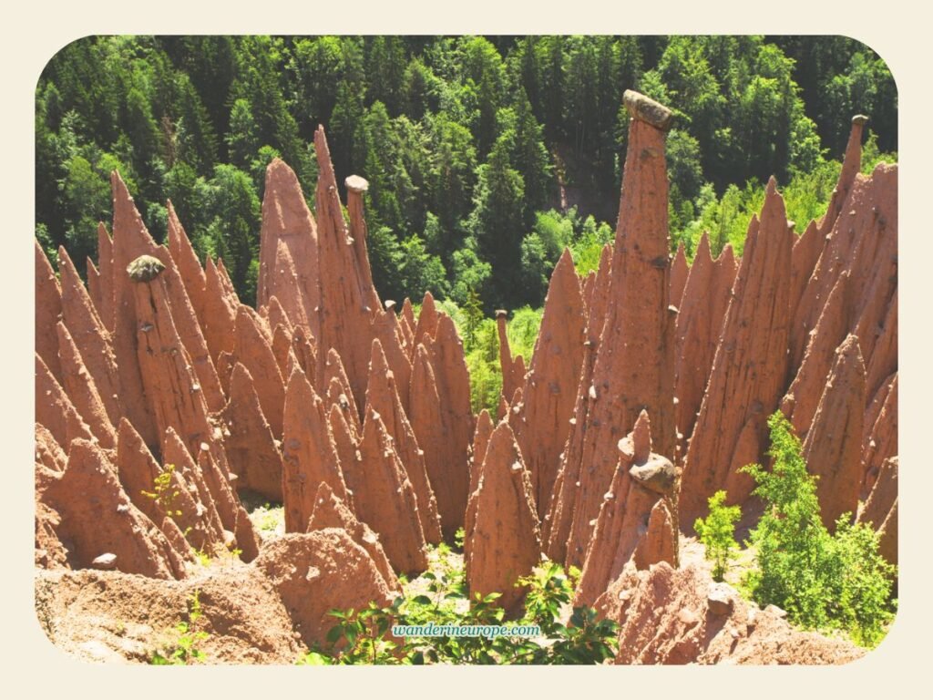 Zoomed in shot of the Earth Pyramids in Bolzano, Italy