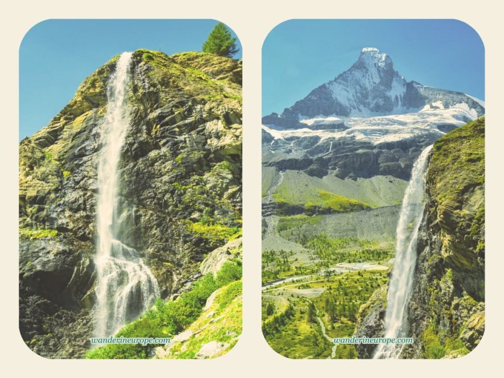 Arbenbachfalls and the view of Matterhorn near Zermatt, Switzerland