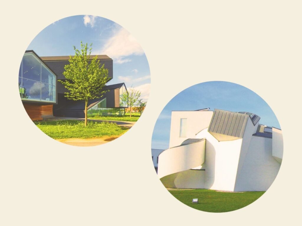 Beautiful landscaping and abstract architecture of Vitra Museum, Basel, Switzerland