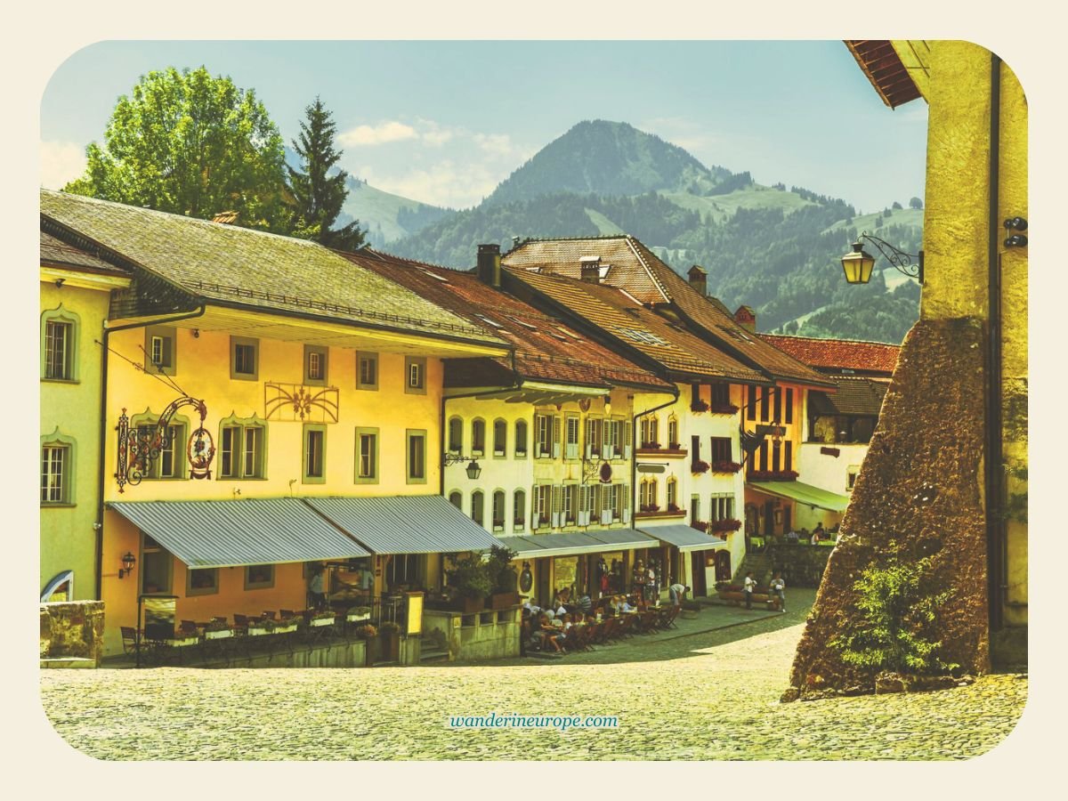 Inside the medieval village of Gruyeres, Switzerland