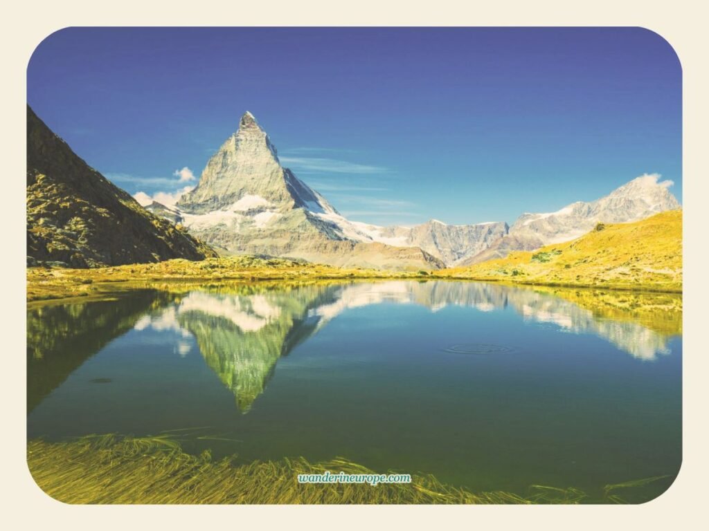 Inverted view of the Matterhorn from the surface of Riffelsee, Zermatt, Switzerland