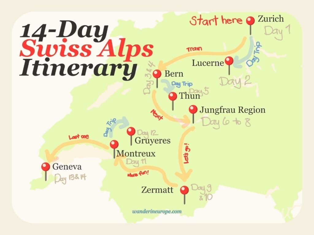 Map of 14 Days Swiss Alps Itinerary, Switzerland