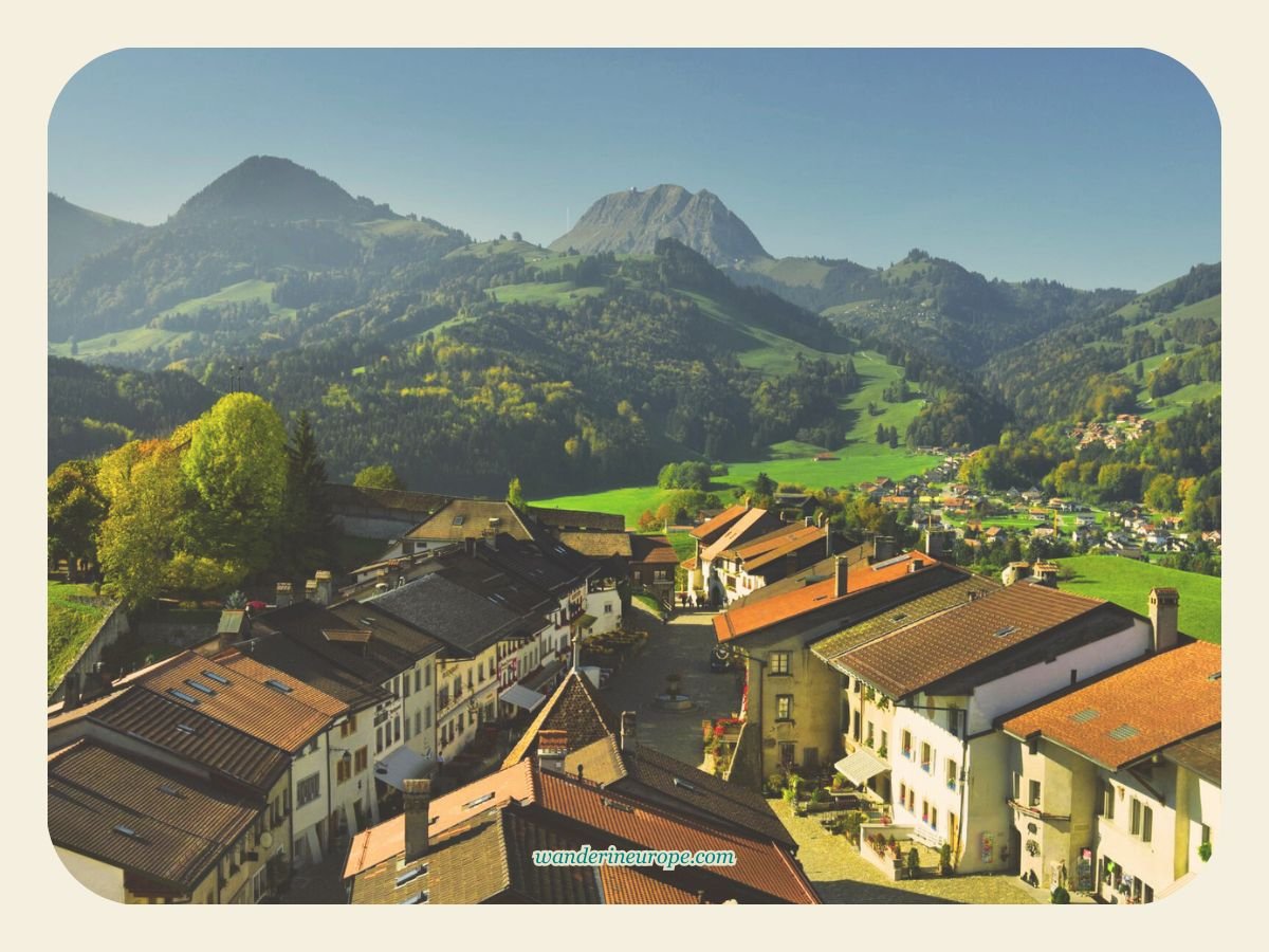 Overlooking view of the medieval village of Gruyeres, Switzerland