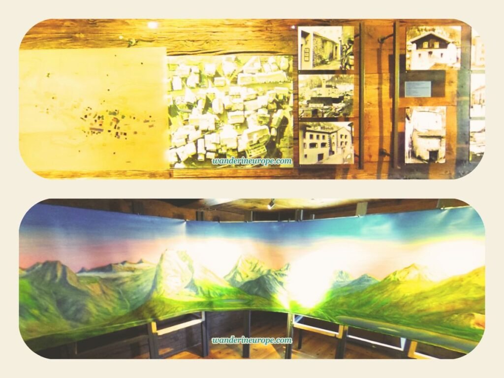 Photos of Simplon Dorf and panorama painting of the mountains inside Museo Sempione, Simplon Pass, Brig, Switzerland