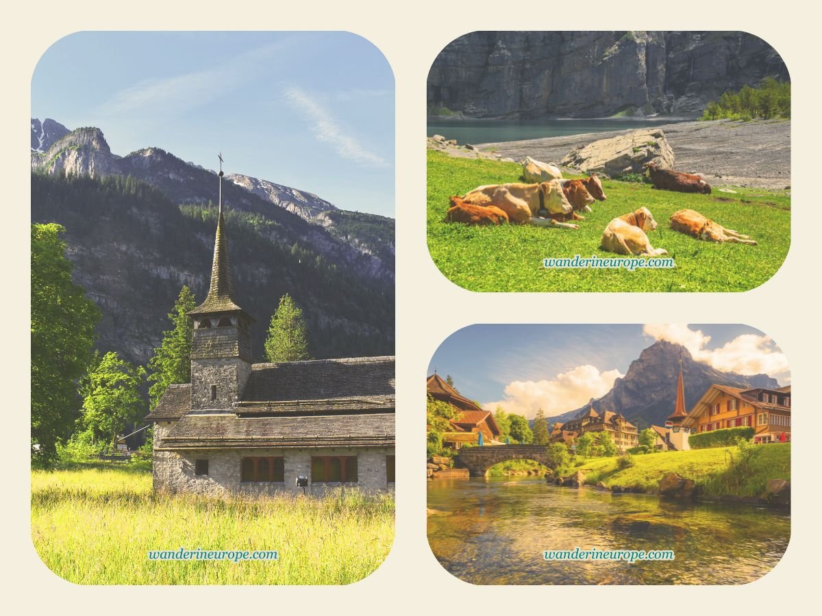 10 Attractions and Activities to Experience in Kandersteg 5 The unique church of Kandersteg, cows in the meadows, and Kander River in Kandersteg, Switzerland