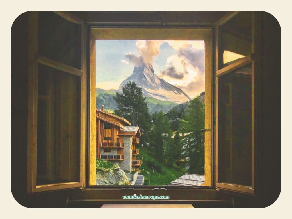 View of Matterhorn from a hotel in Zermatt, Switzerland