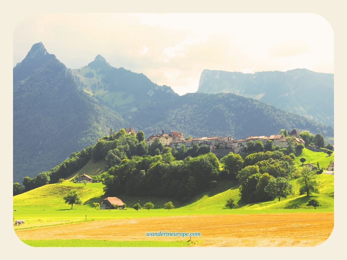 View of countryside and the Alps in Gruyeres, Switzerland