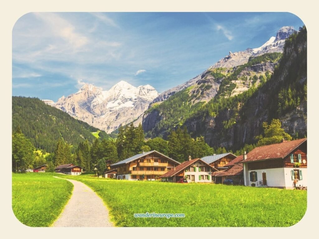 View while walking in the middle of the village of Kandersteg, Switzerland