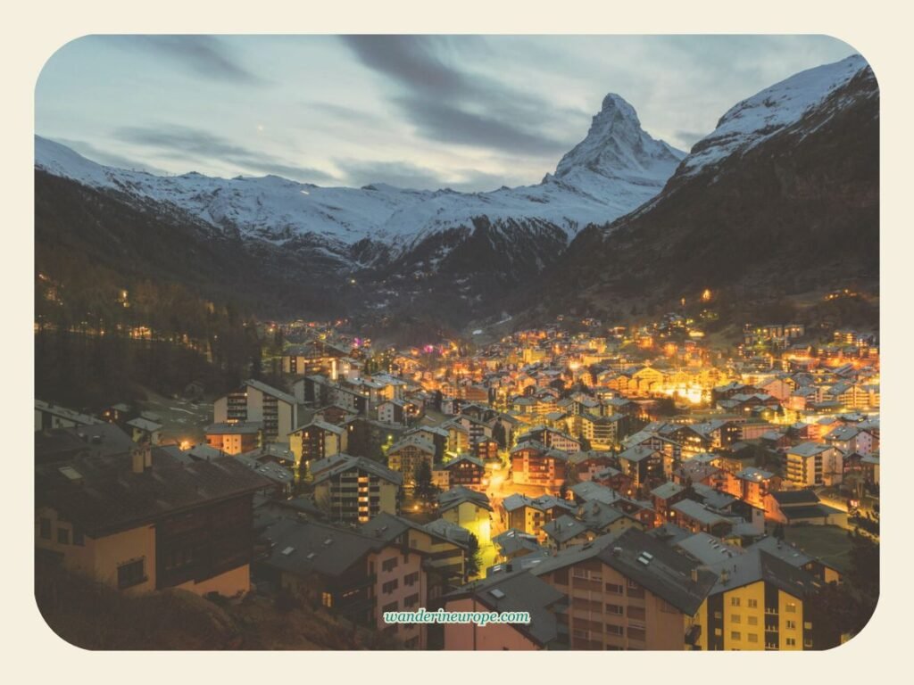 Zermatt during dusk (view of Matterhorn from Viewpoint Le Petit Village at Mürini), Zermatt, Switzerland